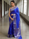 Banarasee Cotton Silk Plain Saree With Silver Zari Floral Border-Royal Blue