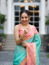 Banarasee Handloom Semi Silk Saree With Buti Design & Contrast Border-Sea Green & Peach