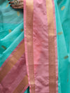 Banarasee Handloom Semi Silk Saree With Buti Design & Contrast Border-Sea Green & Peach