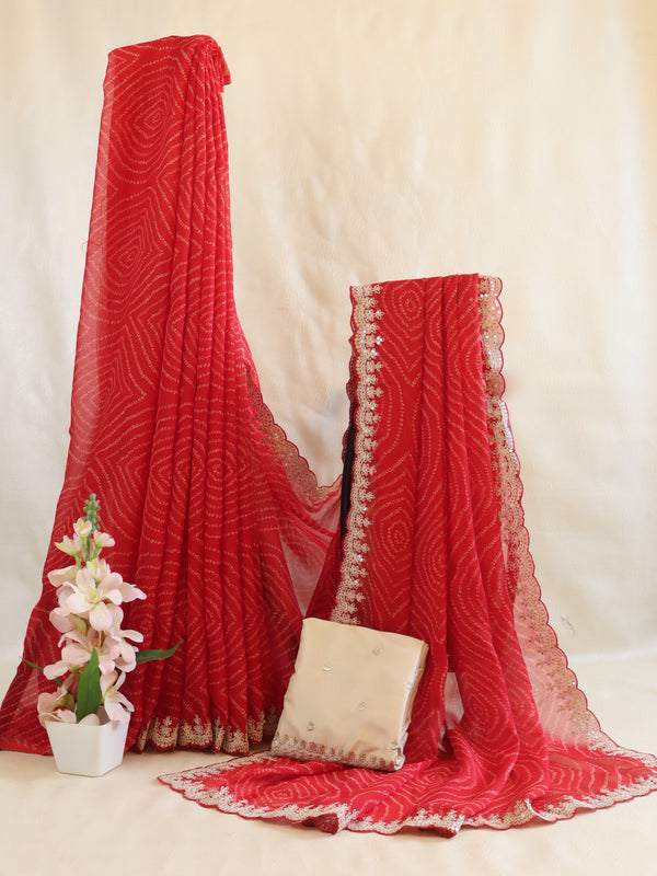 Banarasee Chiffon Bandhani Print Saree & Hand Work With Contrast Blouse-Red