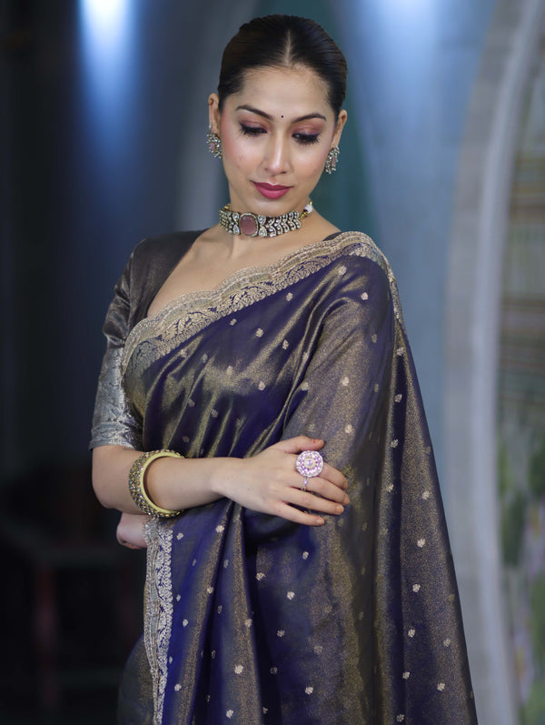 Banarasee Handloom Dual Tone Shimmer Tissue Saree With Buti Design Zari Border & Lace-Blue
