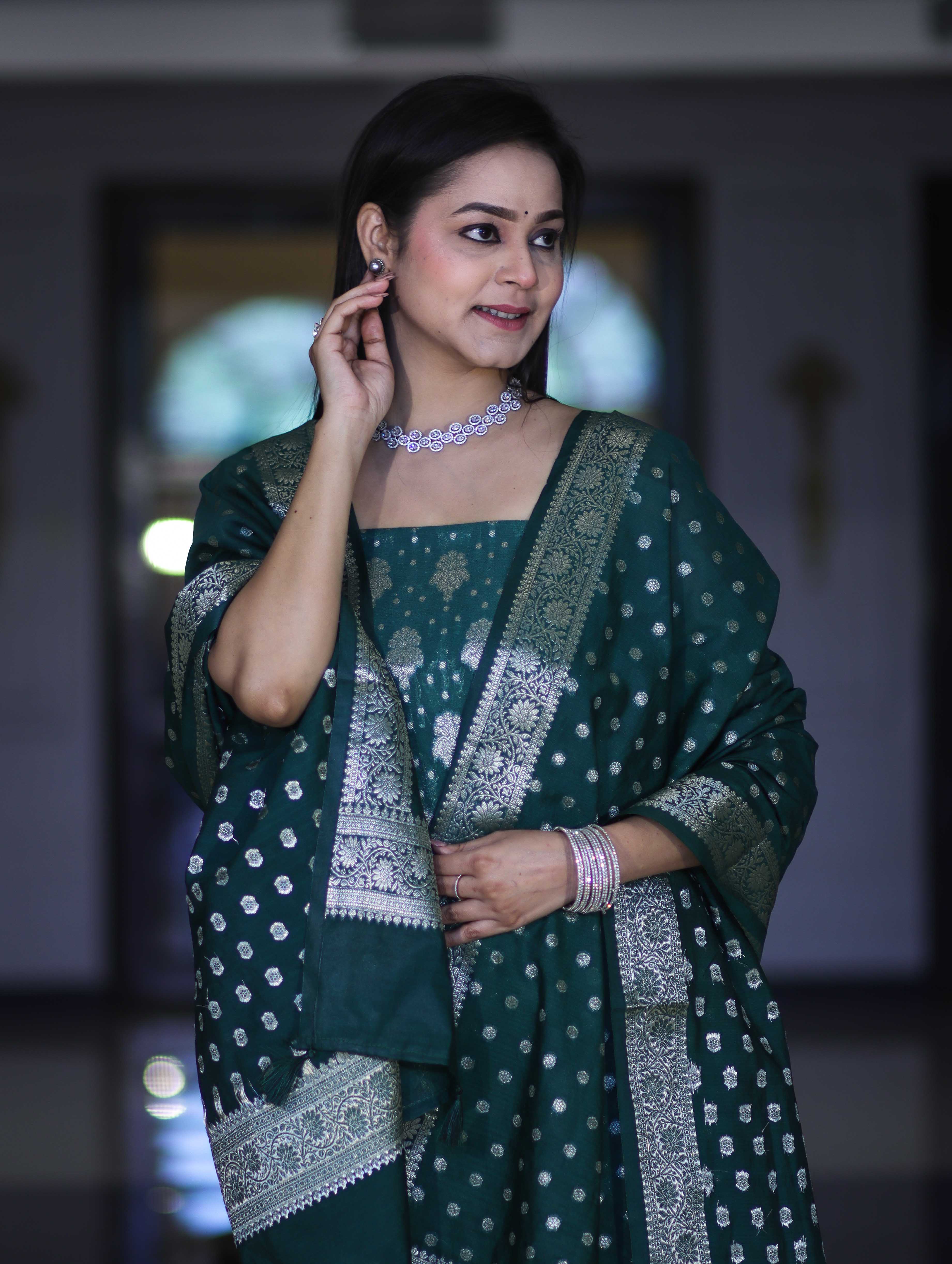 Banarasee Faux Georgette Zari Work Salwar Kameez Fabric With Dupatta Set-Deep Green