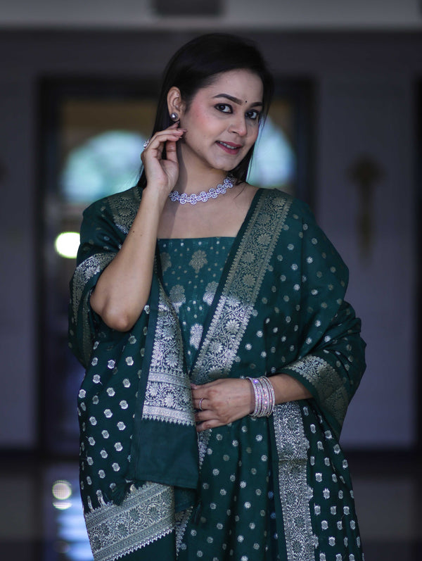 Banarasee Faux Georgette Zari Work Salwar Kameez Fabric With Dupatta Set-Deep Green