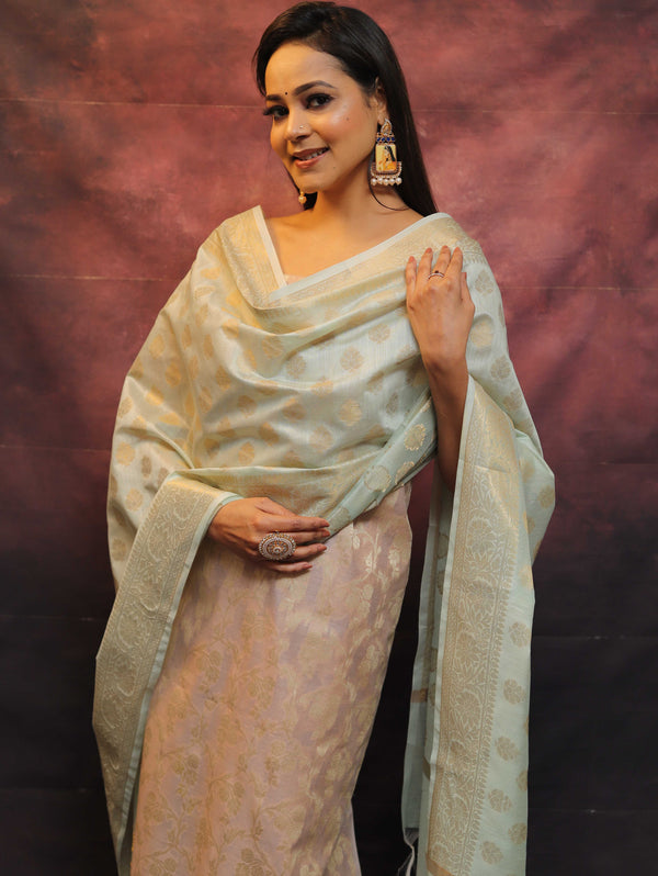 Banarasee Chanderi Cotton Salwar Kameez Set With Zari Work-Mauve & Blue