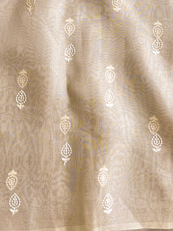 Banarasee Pure Organza Silk Saree With Floral Resham Embroidery-Off-white