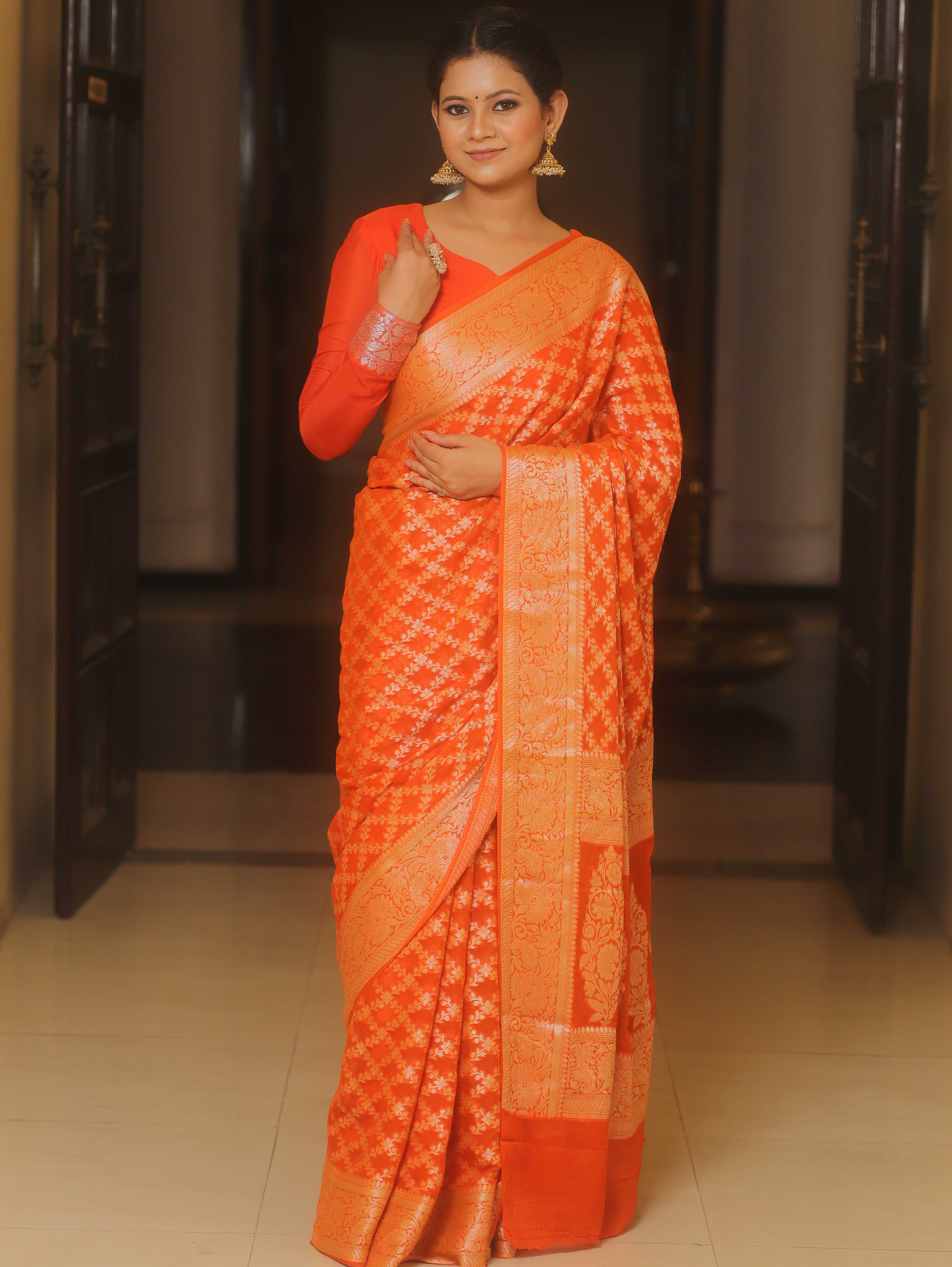 Banarasee Pure Chiffon Saree Zari Jaal Design-Orange