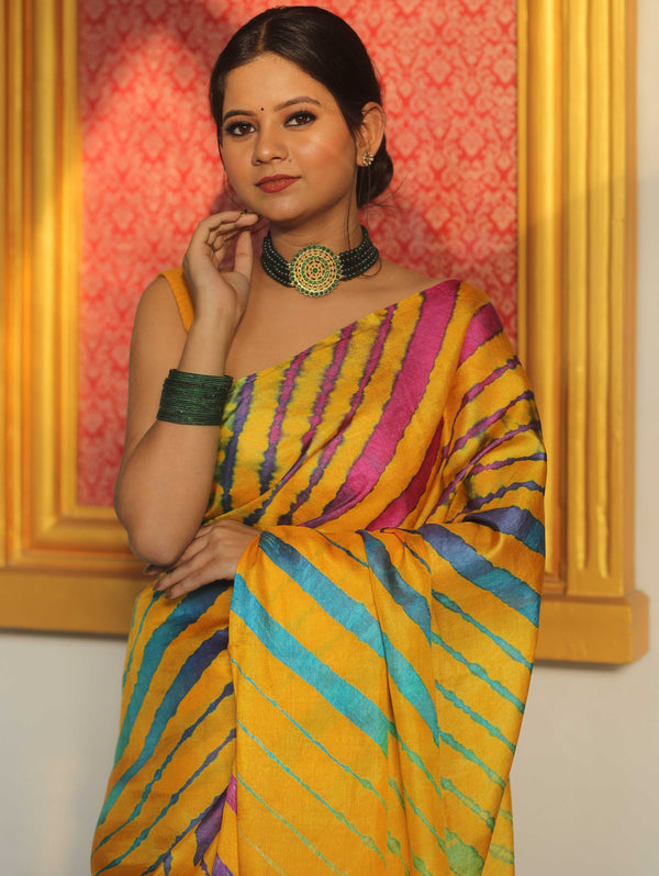 Pure Handloom Shibori Dyed Tussar Silk Saree-Yellow