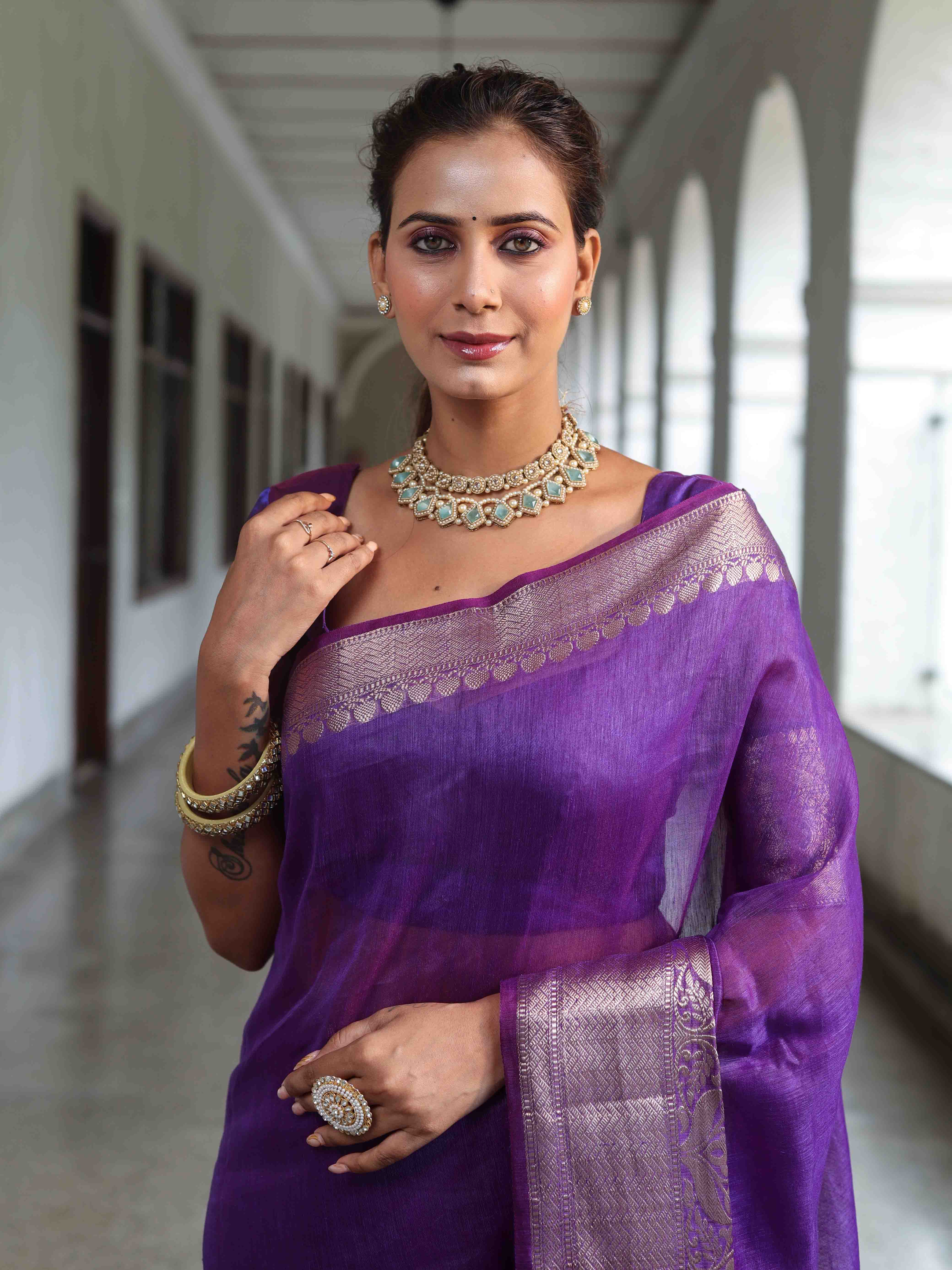 Banarasee Handwoven Plain Tissue Saree With Broad Zari Border-Purple