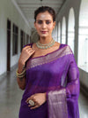 Banarasee Handwoven Plain Tissue Saree With Broad Zari Border-Purple