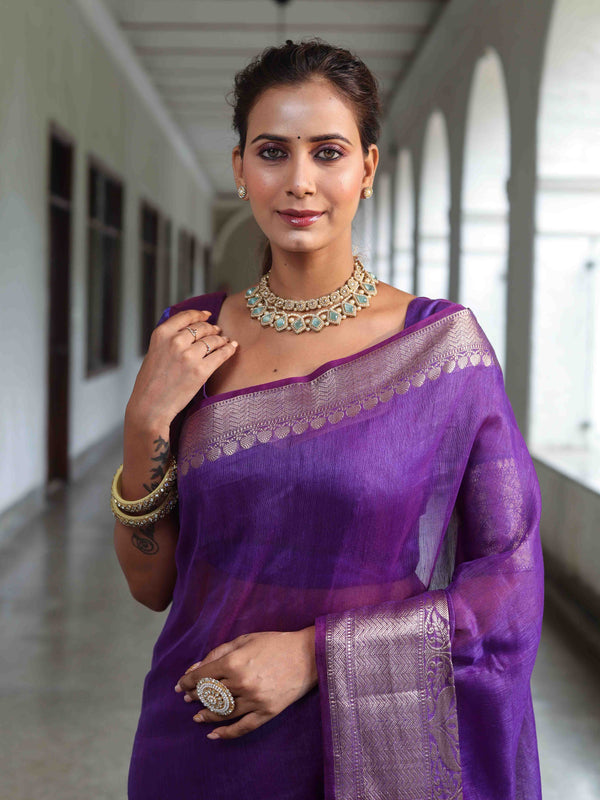Banarasee Handwoven Plain Tissue Saree With Broad Zari Border-Purple