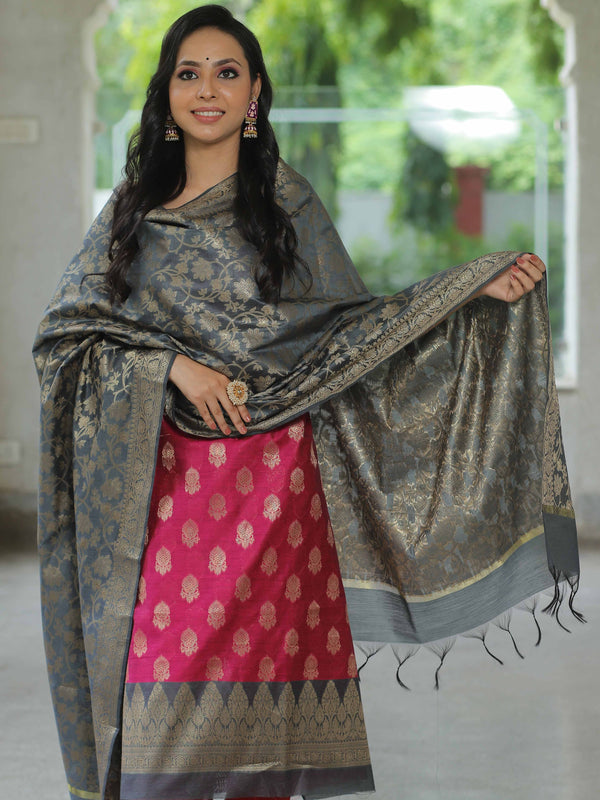 Banarasee Chanderi Cotton Salwar Kameez Fabric With Antique Zari & Contrast Dupatta-Pink & Grey