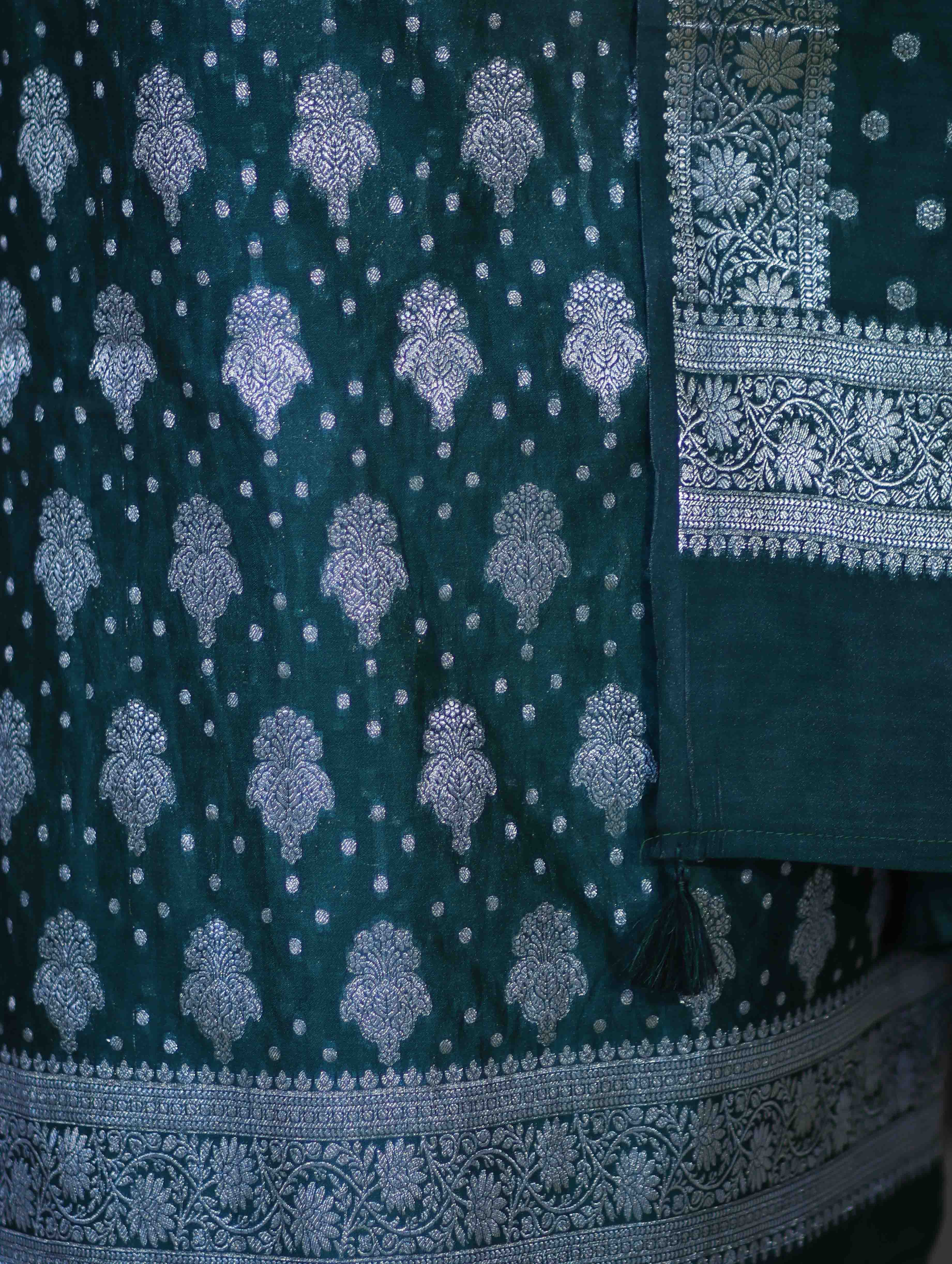 Banarasee Faux Georgette Zari Work Salwar Kameez Fabric With Dupatta Set-Deep Green