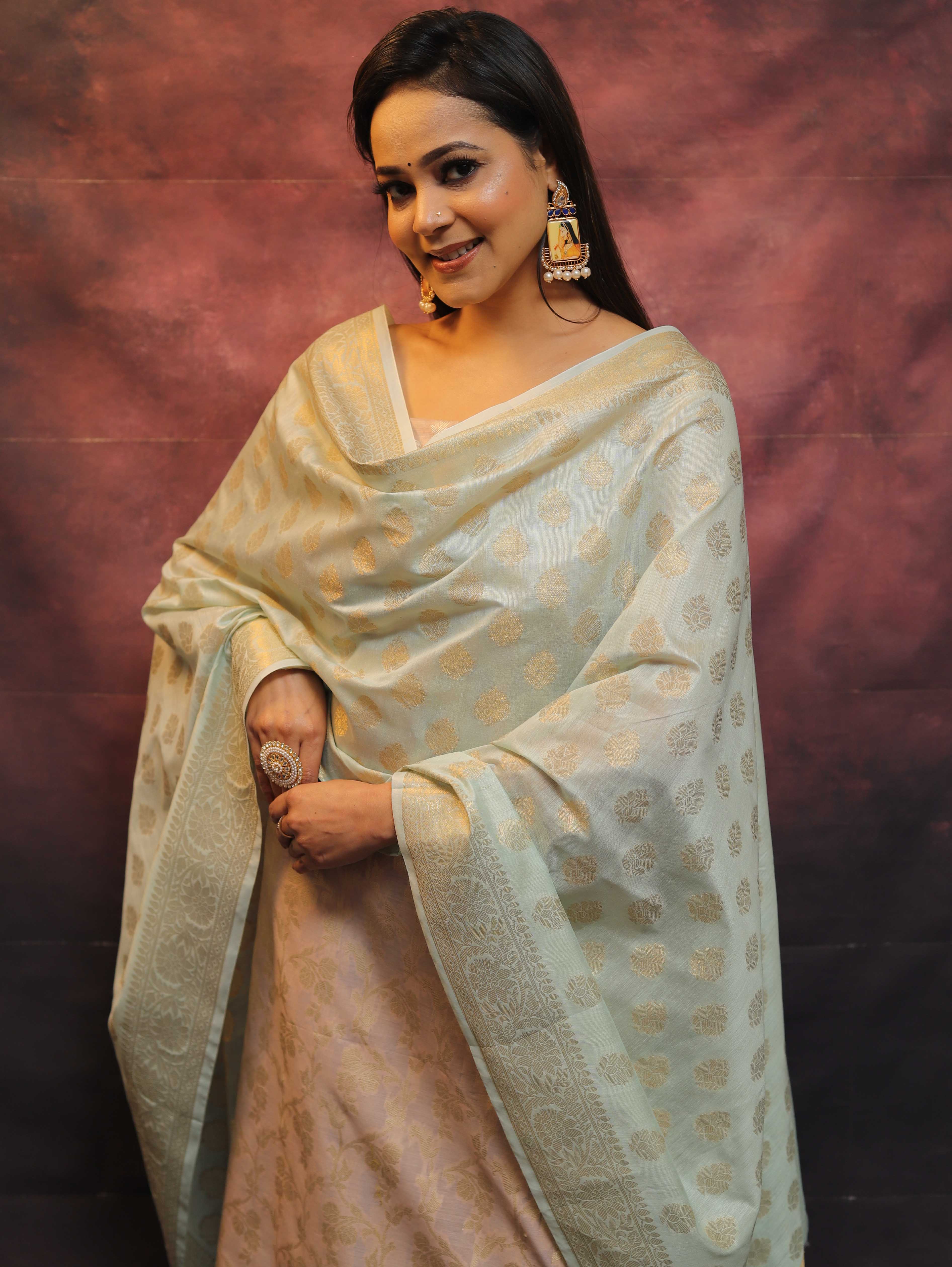 Banarasee Chanderi Cotton Salwar Kameez Set With Zari Work-Mauve & Blue