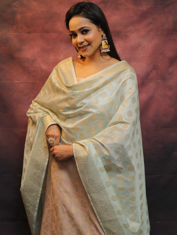 Banarasee Chanderi Cotton Salwar Kameez Set With Zari Work-Mauve & Blue