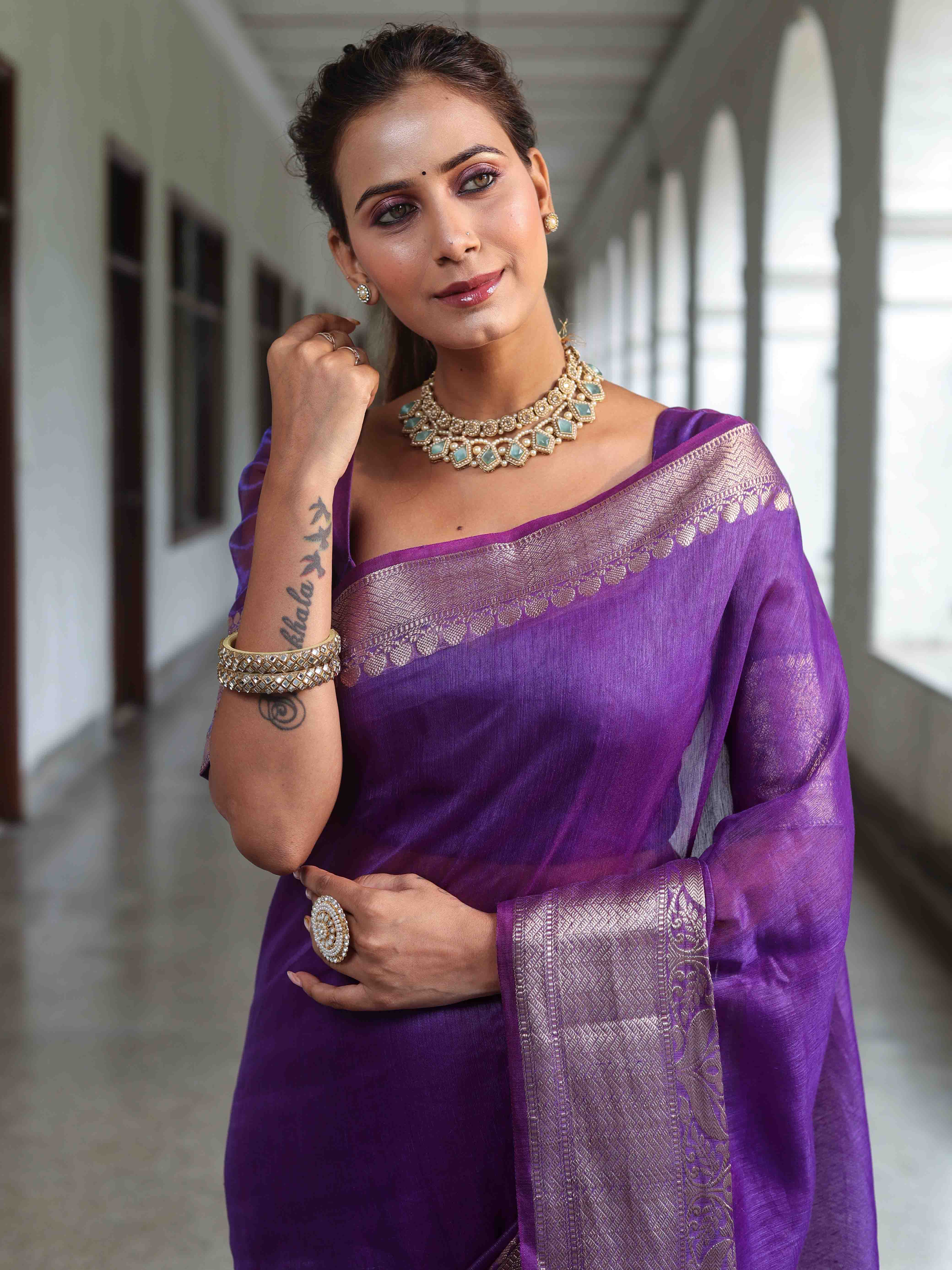 Banarasee Handwoven Plain Tissue Saree With Broad Zari Border-Purple