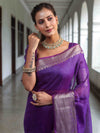 Banarasee Handwoven Plain Tissue Saree With Broad Zari Border-Purple