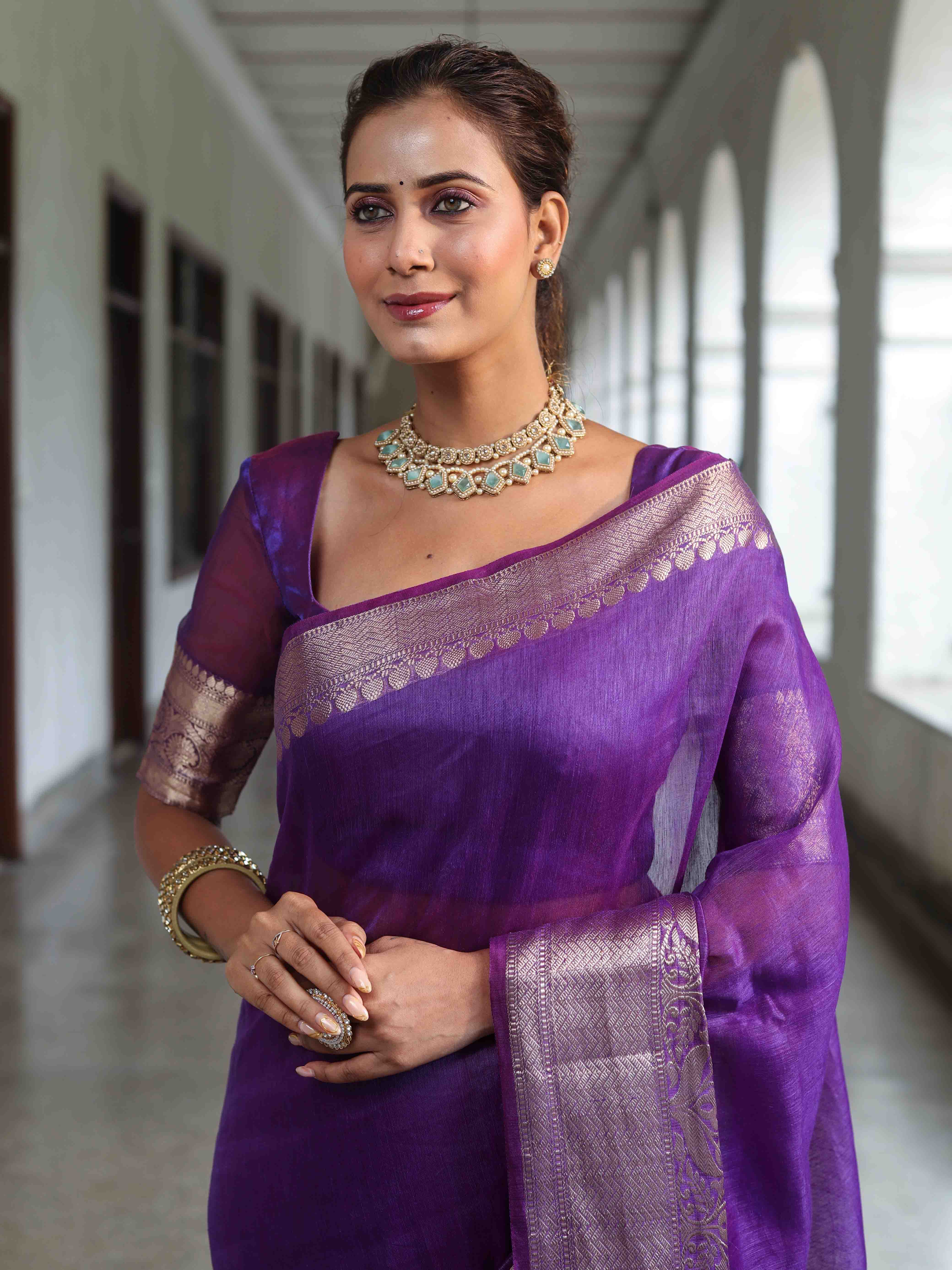 Banarasee Handwoven Plain Tissue Saree With Broad Zari Border-Purple