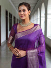 Banarasee Handwoven Plain Tissue Saree With Broad Zari Border-Purple