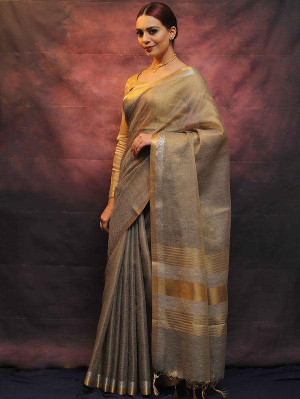 Banarasee Linen Tissue Sona Rupa Zari Work Saree-Grey