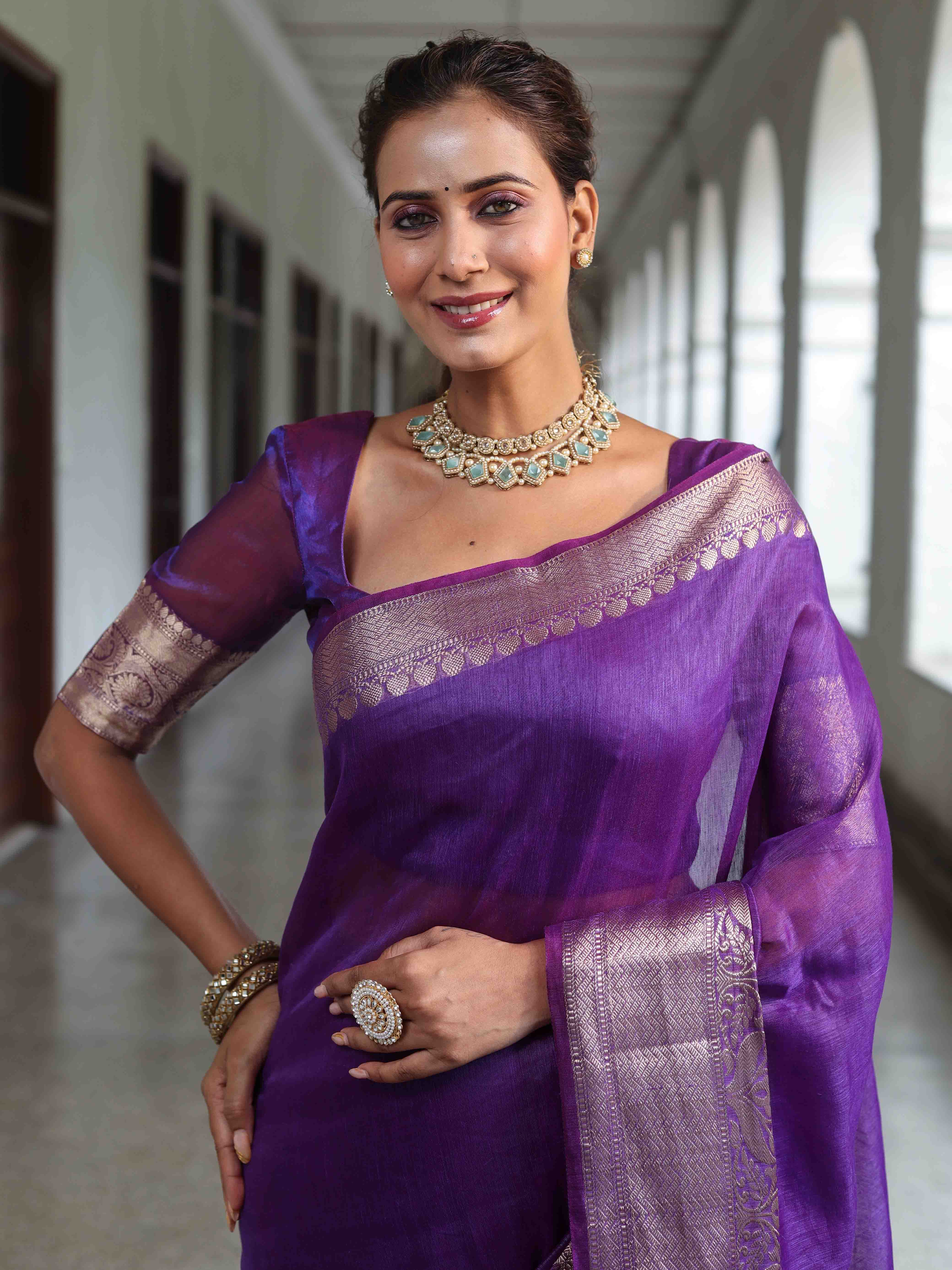 Banarasee Handwoven Plain Tissue Saree With Broad Zari Border-Purple