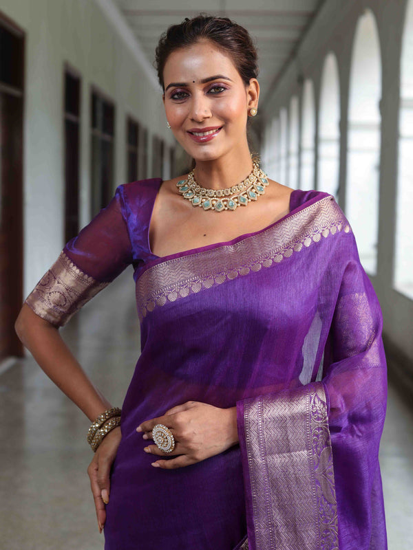 Banarasee Handwoven Plain Tissue Saree With Broad Zari Border-Purple