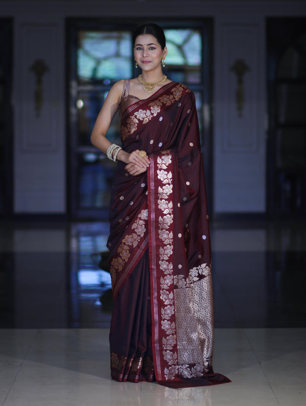 Banarasee Handloom Semi Silk Saree With Sona Rupa Zari Buti Design & Floral Border-Burgundy
