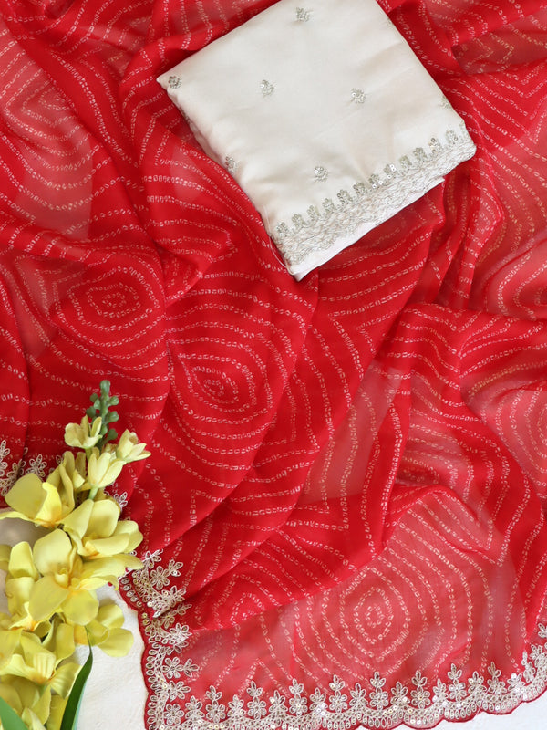 Banarasee Chiffon Bandhani Print Saree & Hand Work With Contrast Blouse-Red