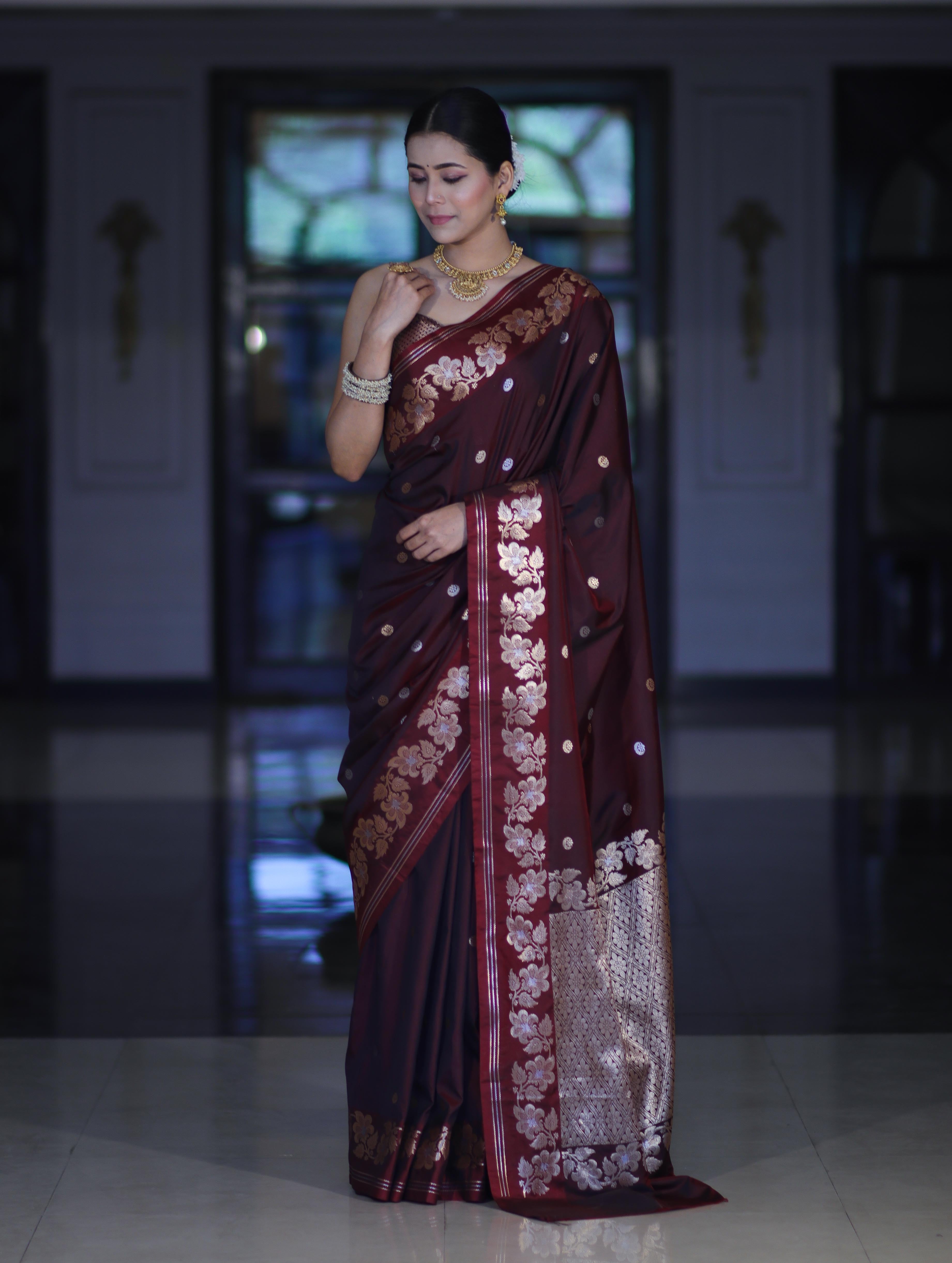 Banarasee Handloom Semi Silk Saree With Sona Rupa Zari Buti Design & Floral Border-Burgundy