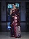 Banarasee Handloom Semi Silk Saree With Sona Rupa Zari Buti Design & Floral Border-Burgundy