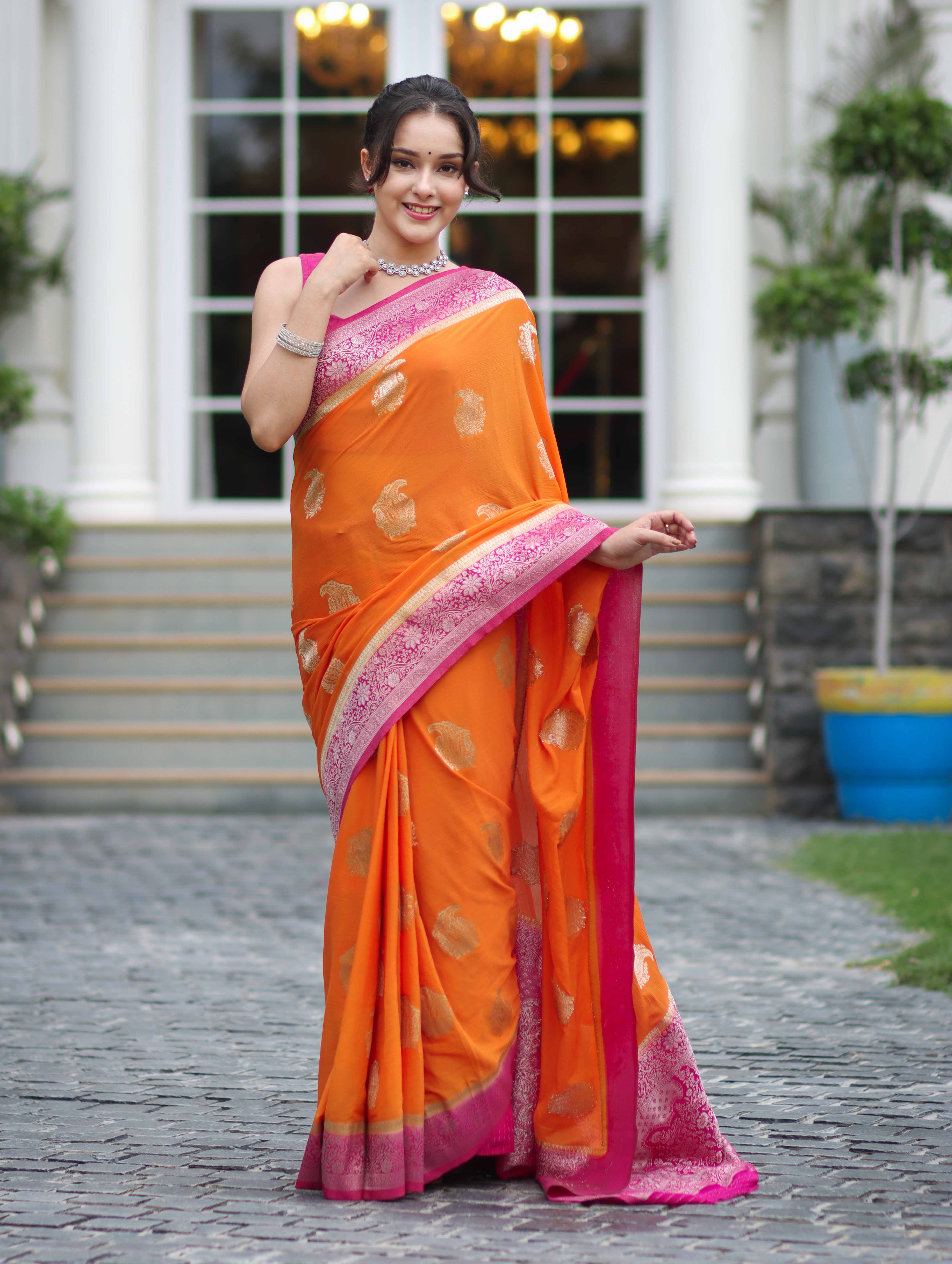 Banarasee Handwoven Chiffon Saree With Zari Buta Work & Contrast Border-Orange