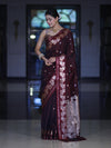 Banarasee Handloom Semi Silk Saree With Sona Rupa Zari Buti Design & Floral Border-Burgundy