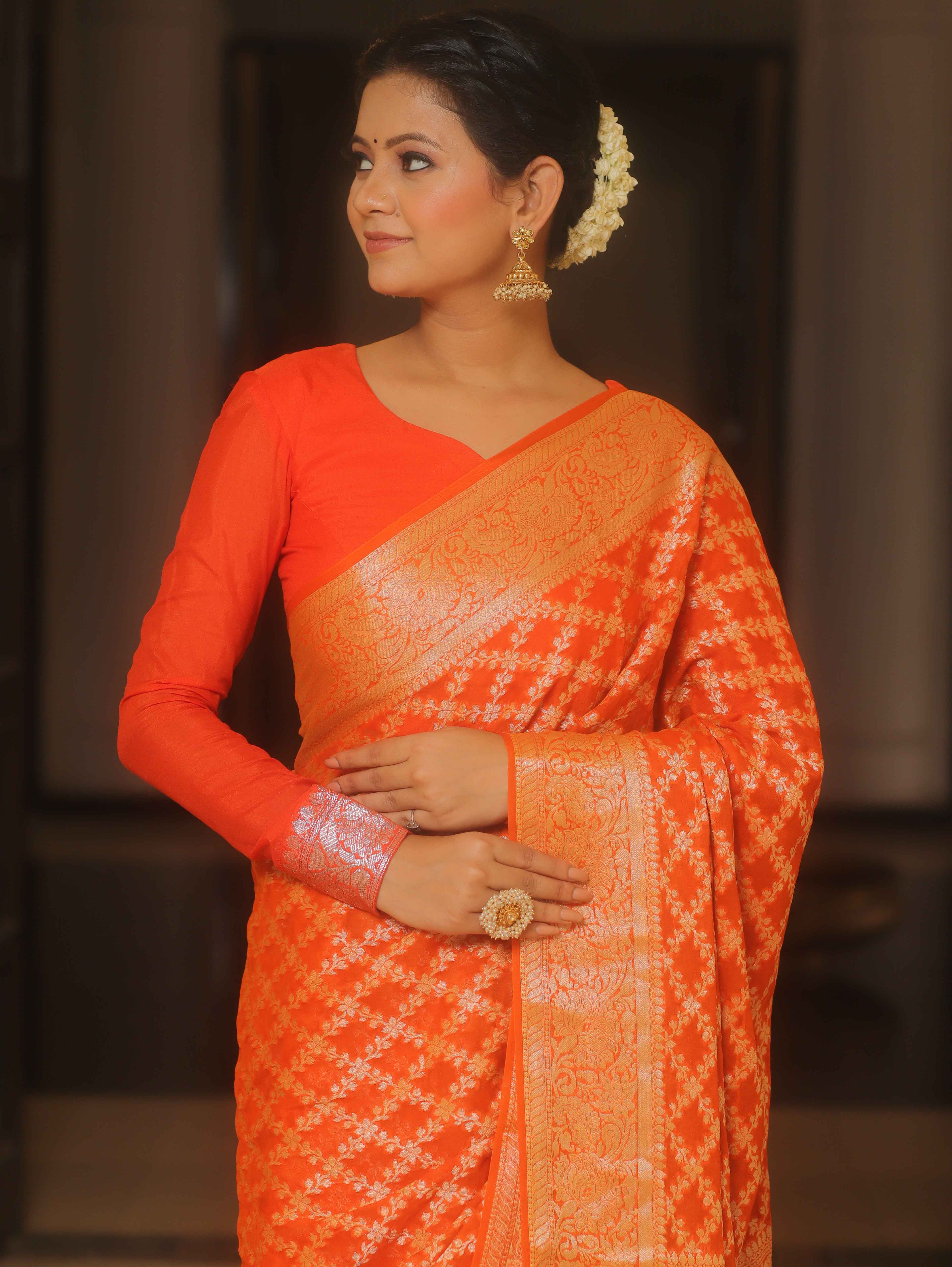 Banarasee Pure Chiffon Saree Zari Jaal Design-Orange