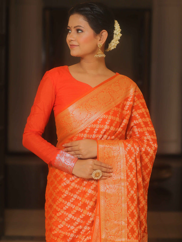 Banarasee Pure Chiffon Saree Zari Jaal Design-Orange