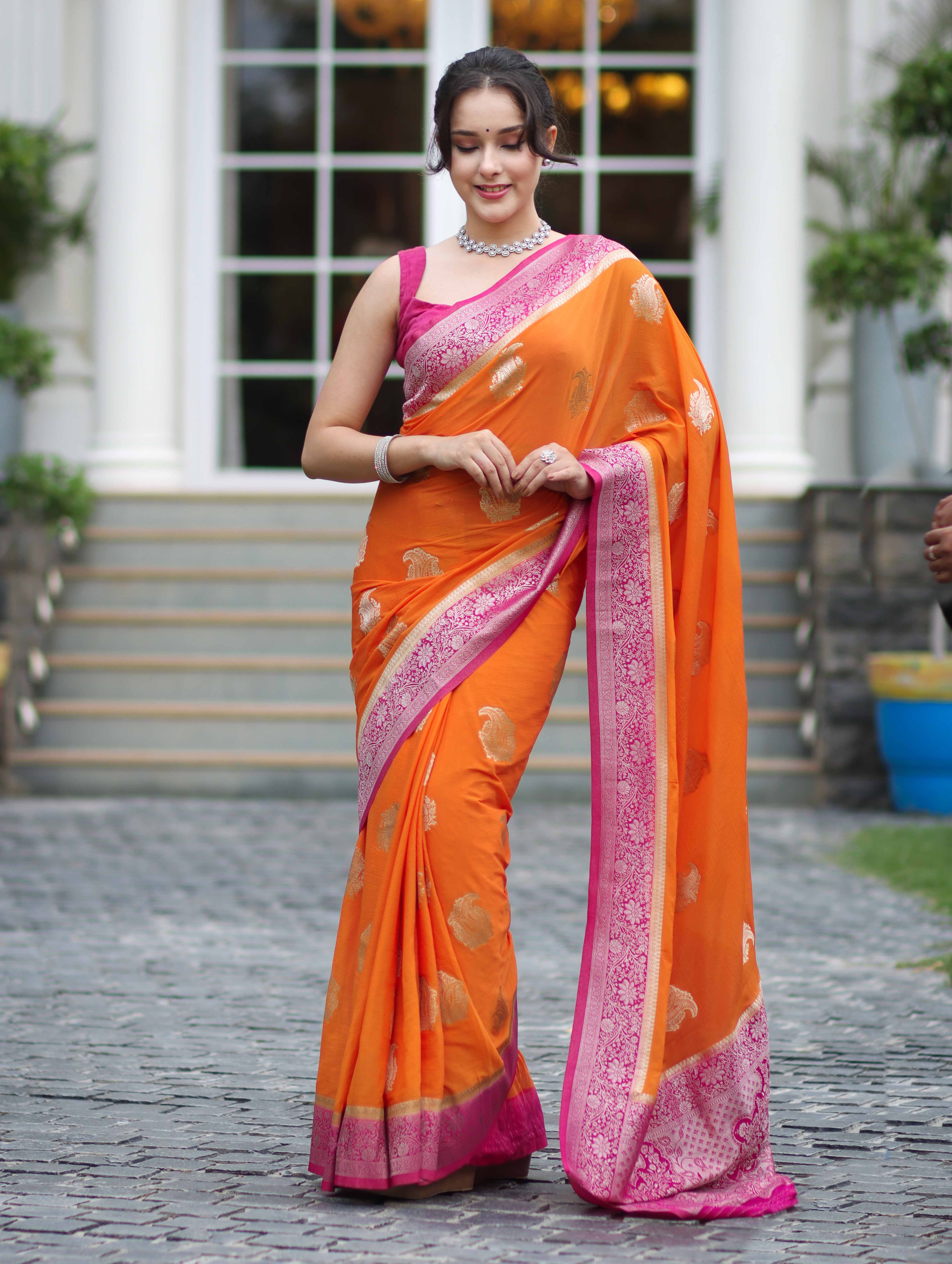 Banarasee Handwoven Chiffon Saree With Zari Buta Work & Contrast Border-Orange