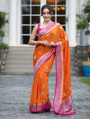 Banarasee Handwoven Chiffon Saree With Zari Buta Work & Contrast Border-Orange