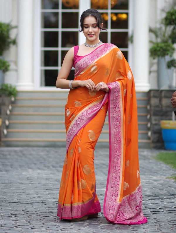 Banarasee Handwoven Chiffon Saree With Zari Buta Work & Contrast Border-Orange
