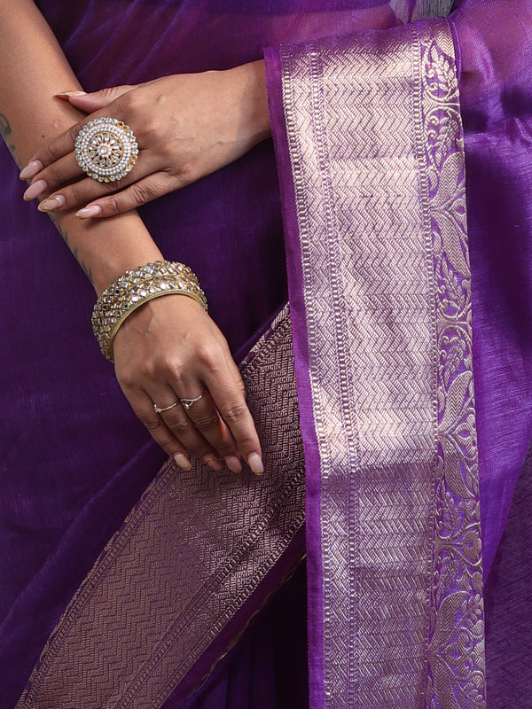 Banarasee Handwoven Plain Tissue Saree With Broad Zari Border-Purple