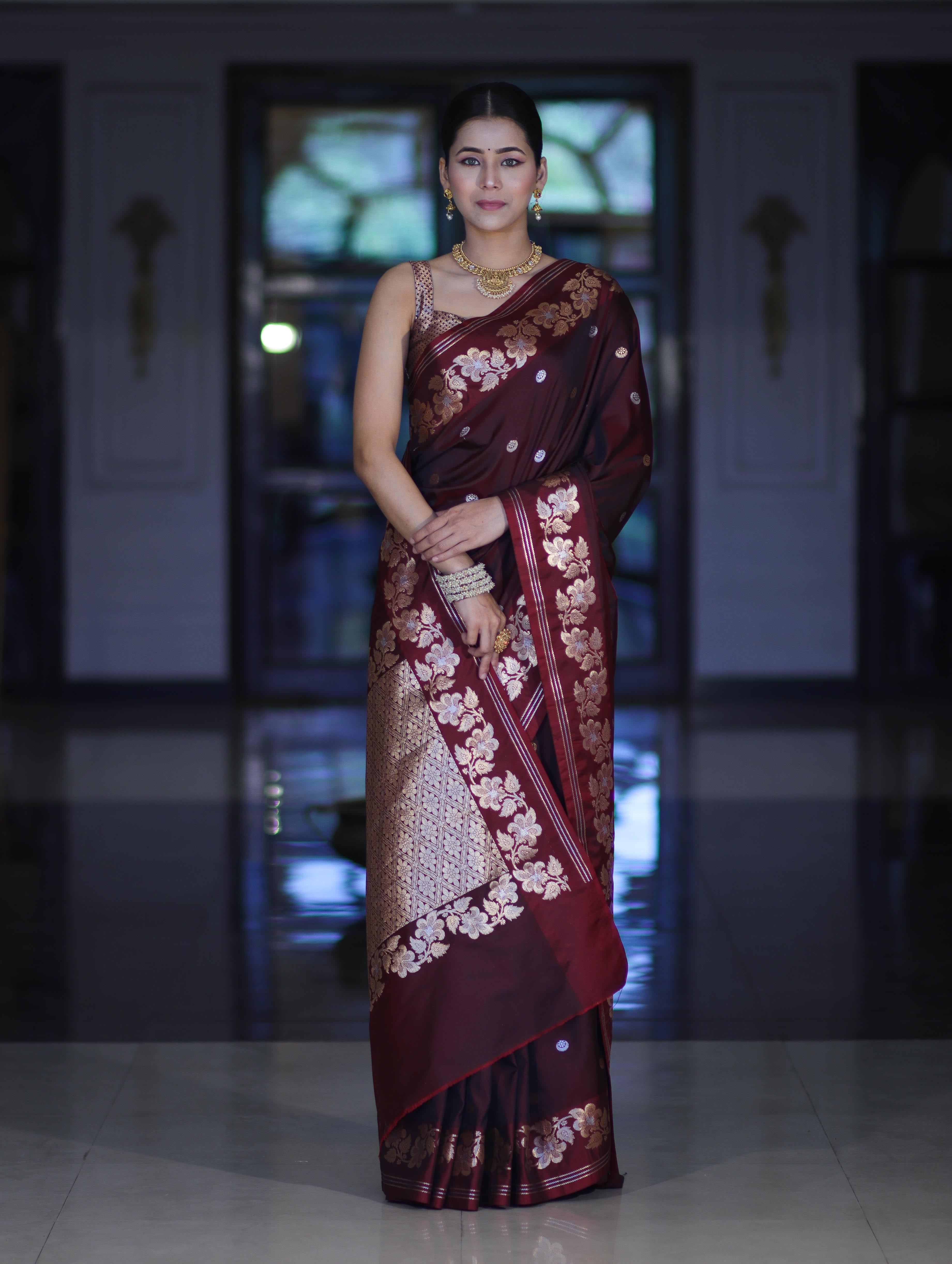 Banarasee Handloom Semi Silk Saree With Sona Rupa Zari Buti Design & Floral Border-Burgundy