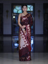 Banarasee Handloom Semi Silk Saree With Sona Rupa Zari Buti Design & Floral Border-Burgundy