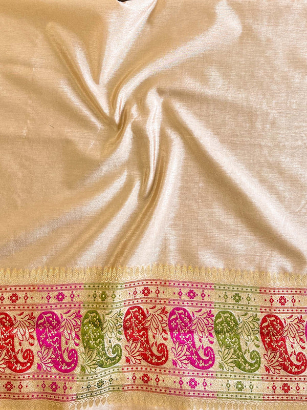 Banarasee Semi-Dupion Silk Saree With Meena & Zari Work-Beige