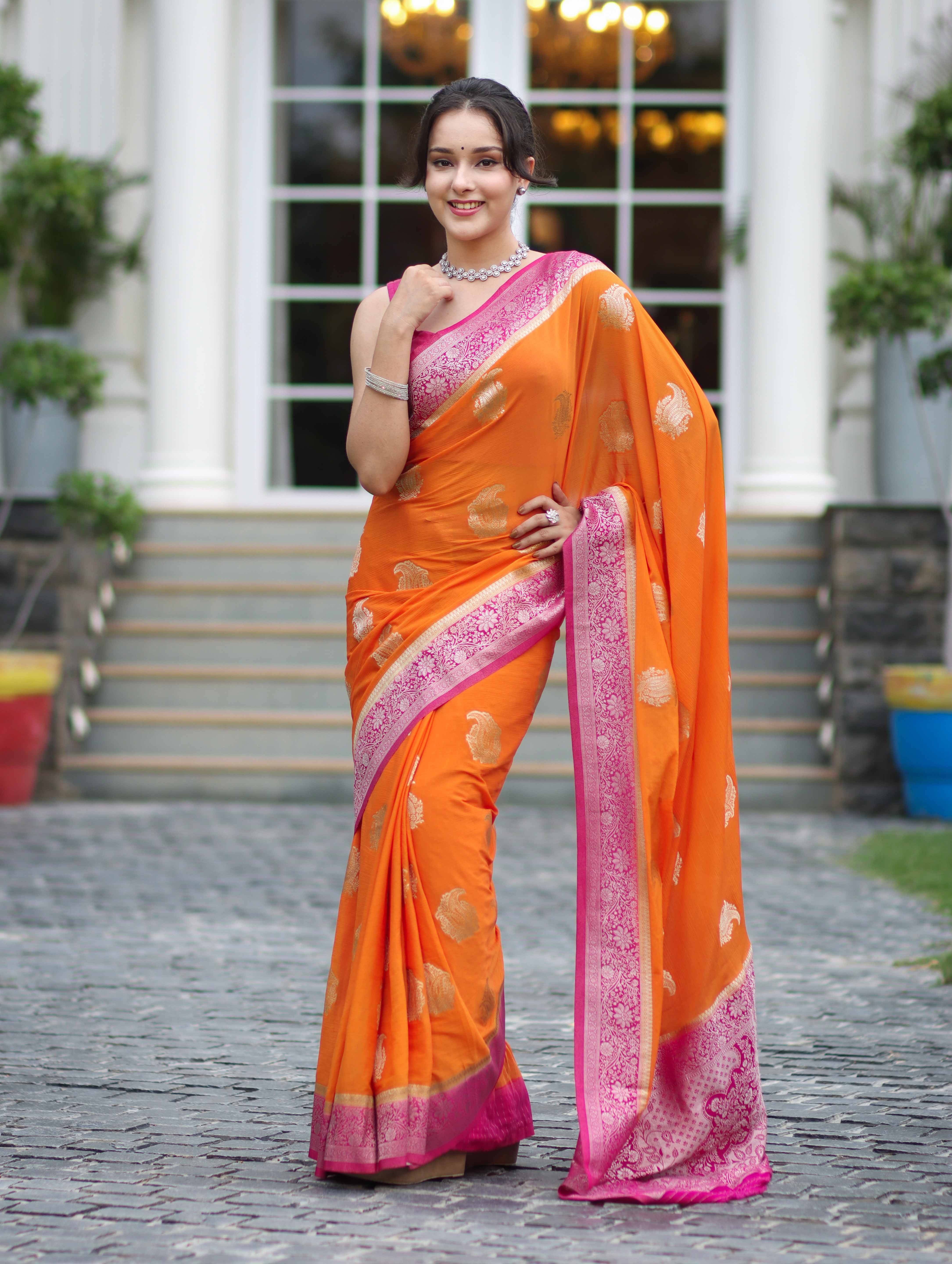 Banarasee Handwoven Chiffon Saree With Zari Buta Work & Contrast Border-Orange
