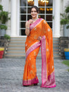 Banarasee Handwoven Chiffon Saree With Zari Buta Work & Contrast Border-Orange