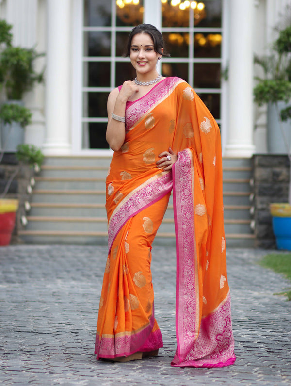 Banarasee Handwoven Chiffon Saree With Zari Buta Work & Contrast Border-Orange