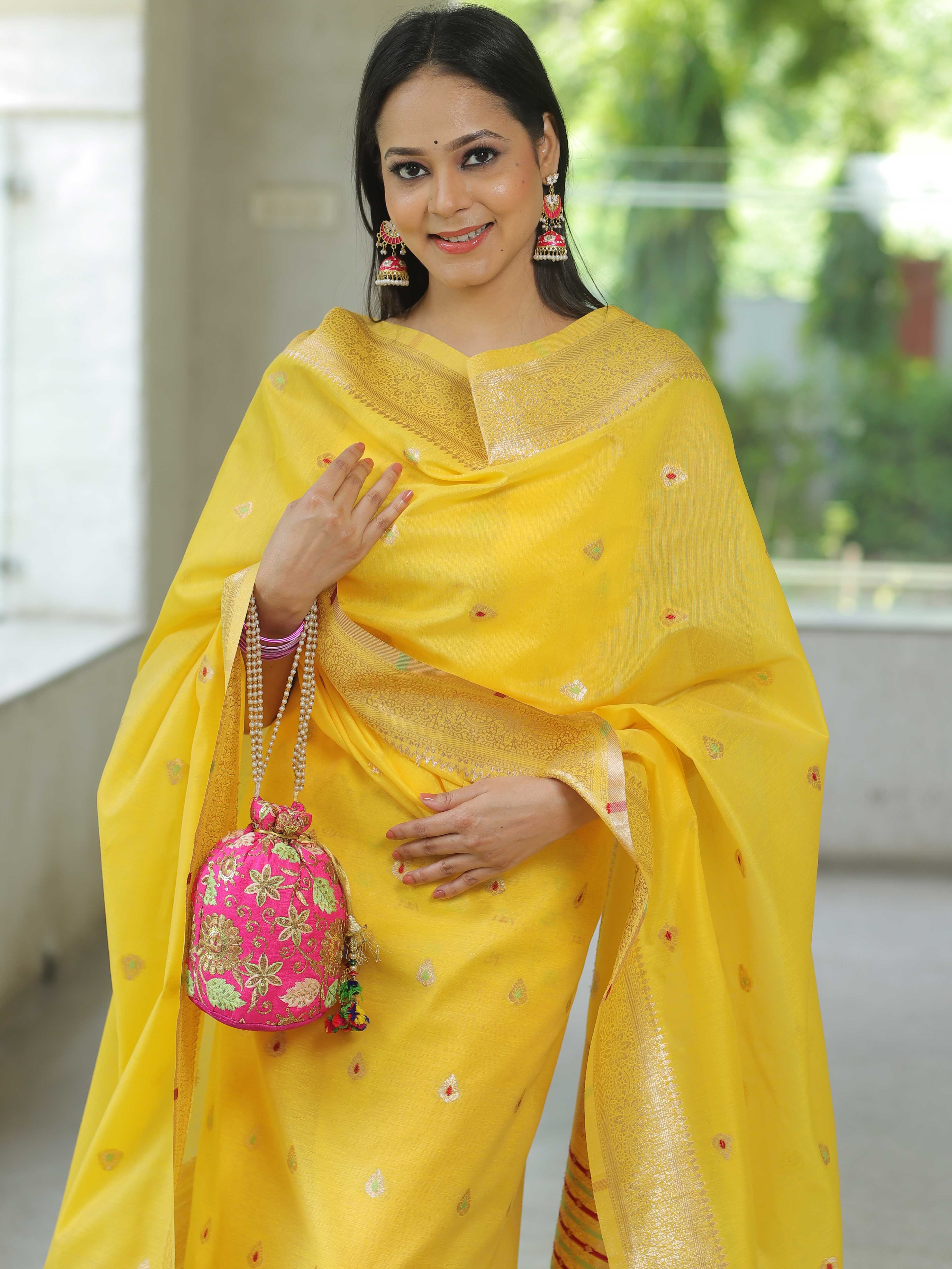 Banarasee Handloom Chanderi Salwar Kameez Fabric With Meena & Zari Design-Yellow