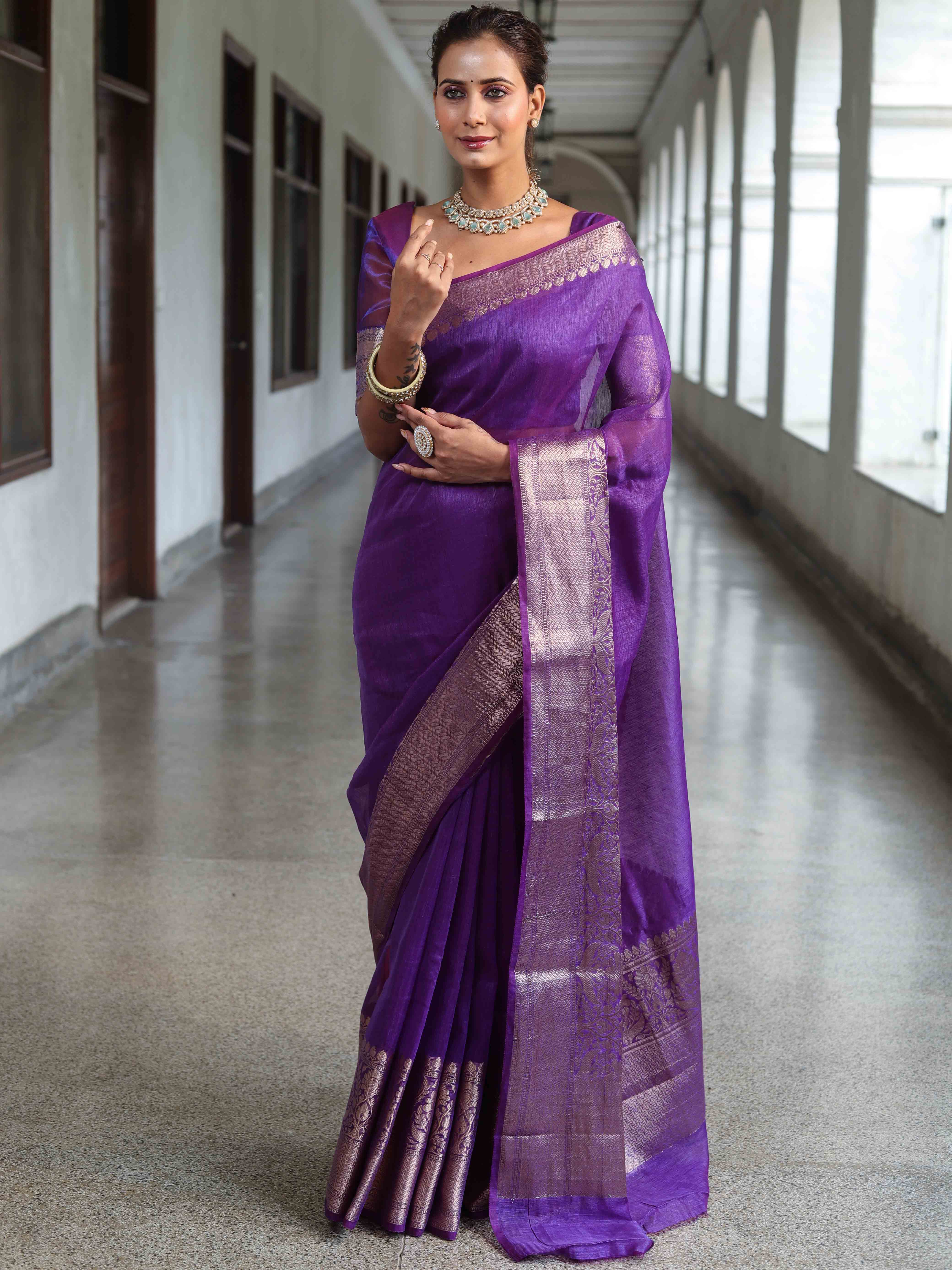Banarasee Handwoven Plain Tissue Saree With Broad Zari Border-Purple