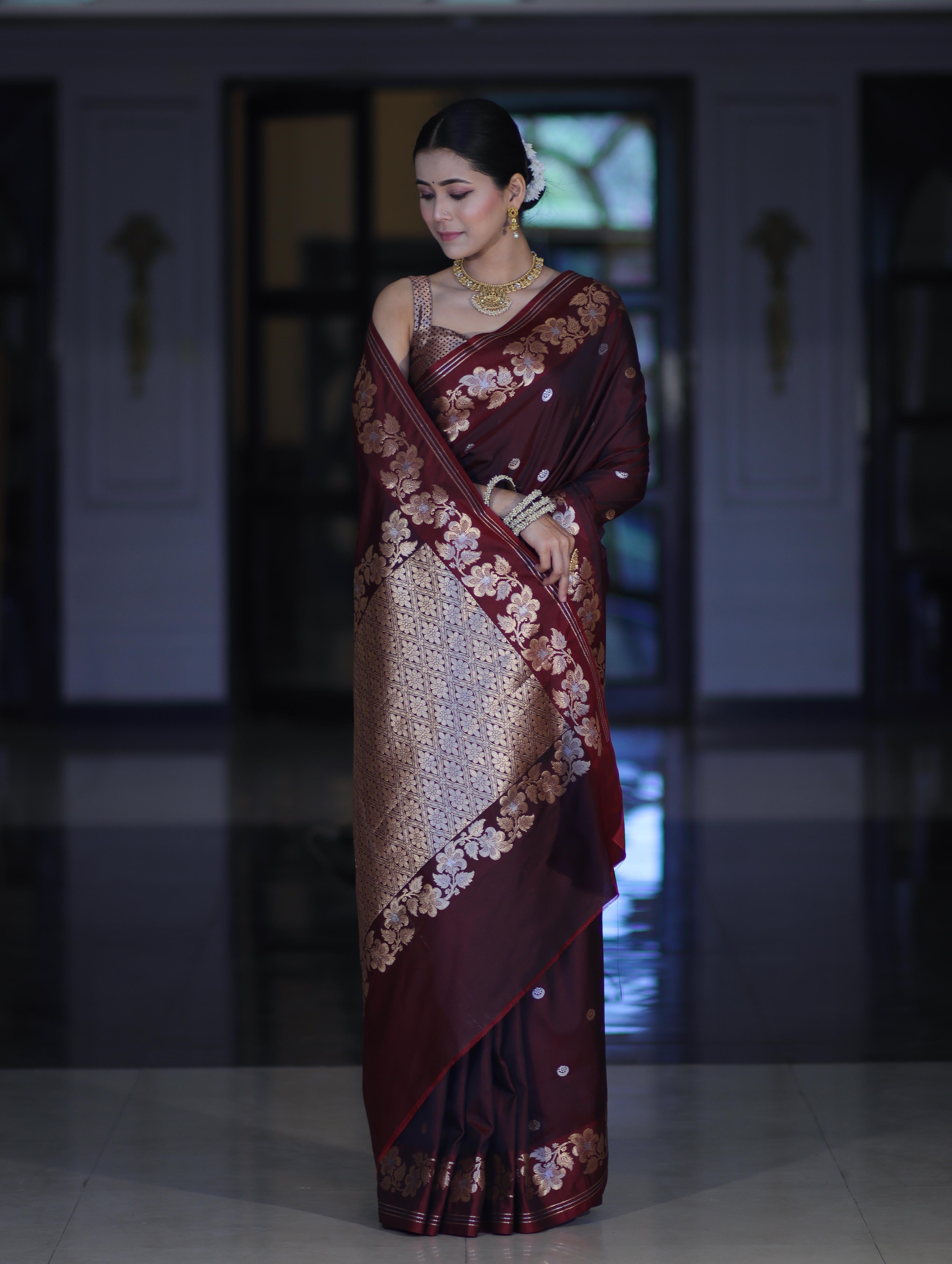Banarasee Handloom Semi Silk Saree With Sona Rupa Zari Buti Design & Floral Border-Burgundy