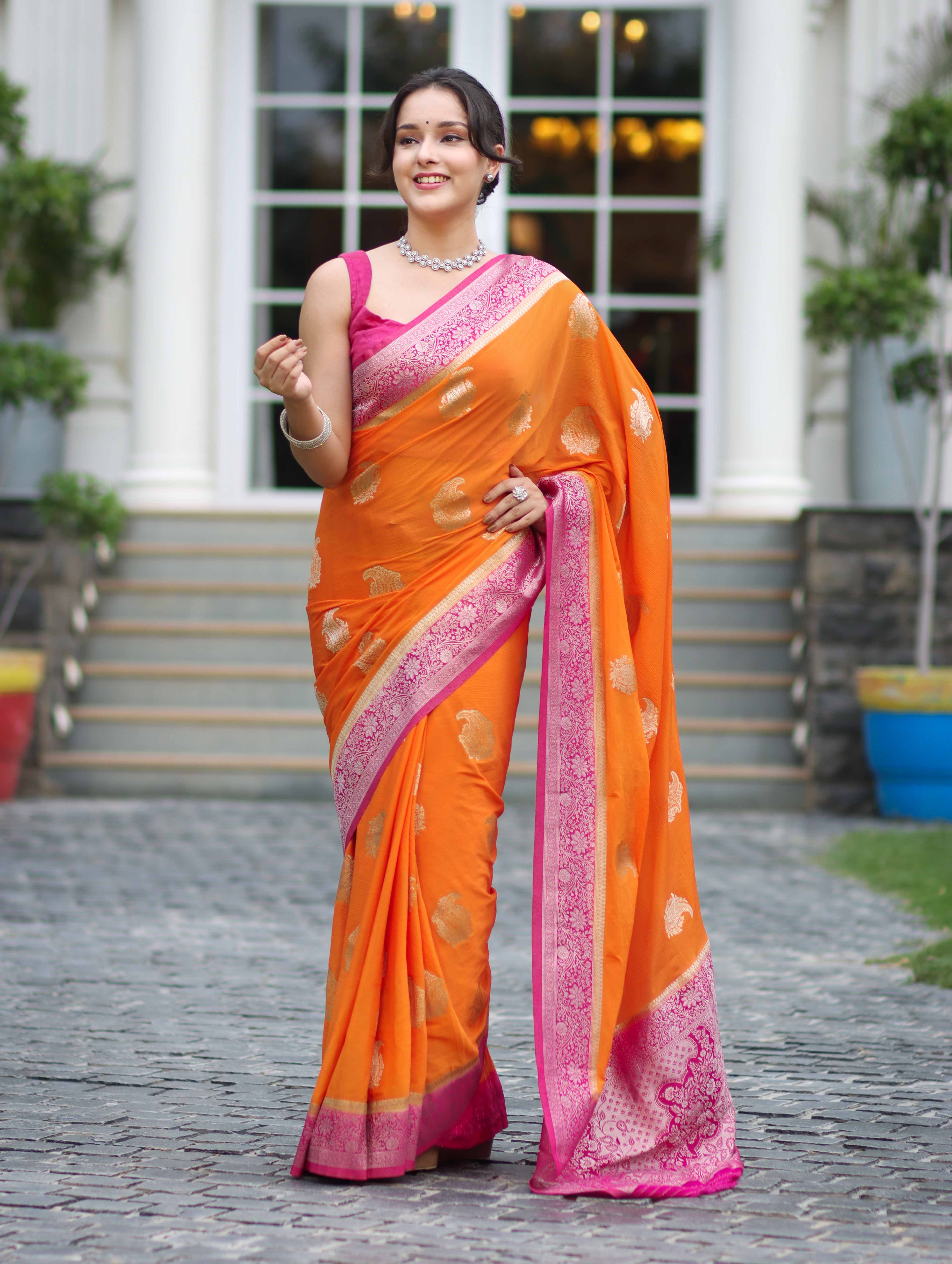 Banarasee Handwoven Chiffon Saree With Zari Buta Work & Contrast Border-Orange