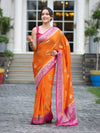 Banarasee Handwoven Chiffon Saree With Zari Buta Work & Contrast Border-Orange
