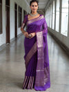 Banarasee Handwoven Plain Tissue Saree With Broad Zari Border-Purple
