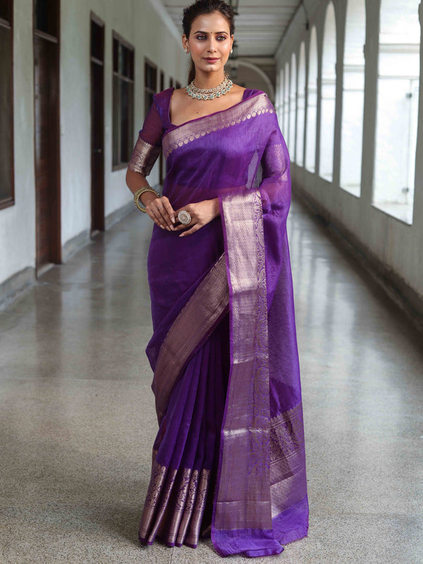 Banarasee Handwoven Plain Tissue Saree With Broad Zari Border-Purple
